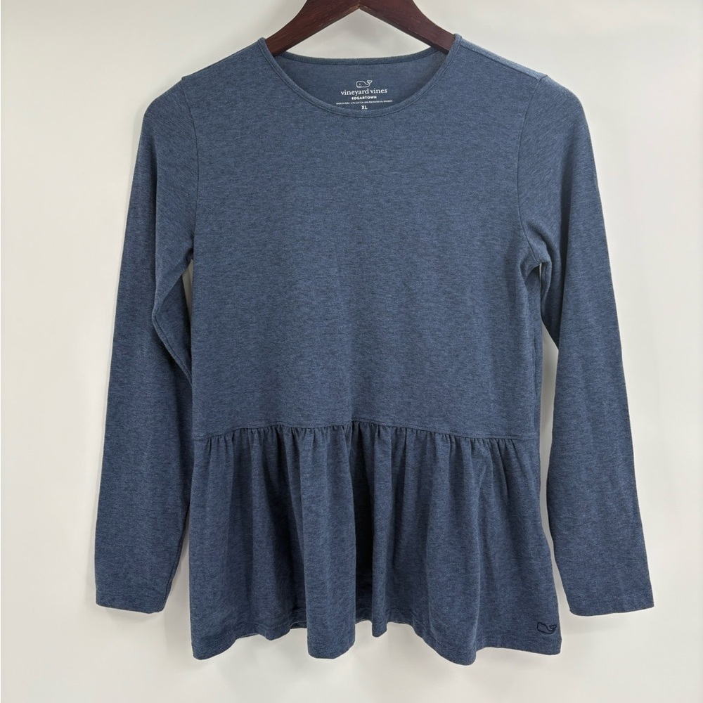 Vineyard vines blue cotton polyester long sleeve peplum top kids girls size 16